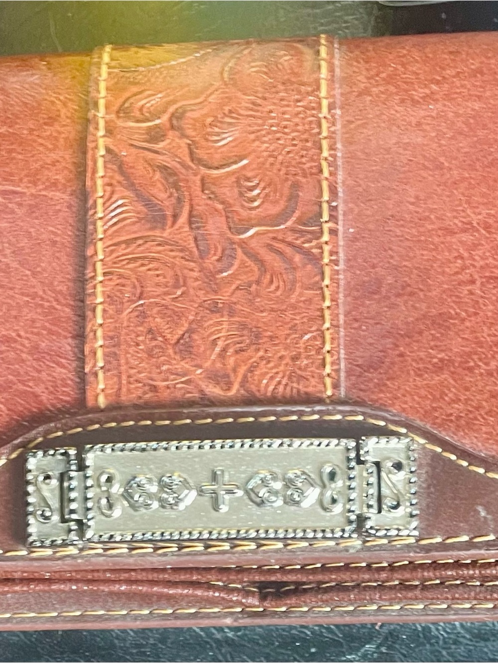 Source Unknown Brown Tooled Leather Wallet with Decorative Metal Plate
